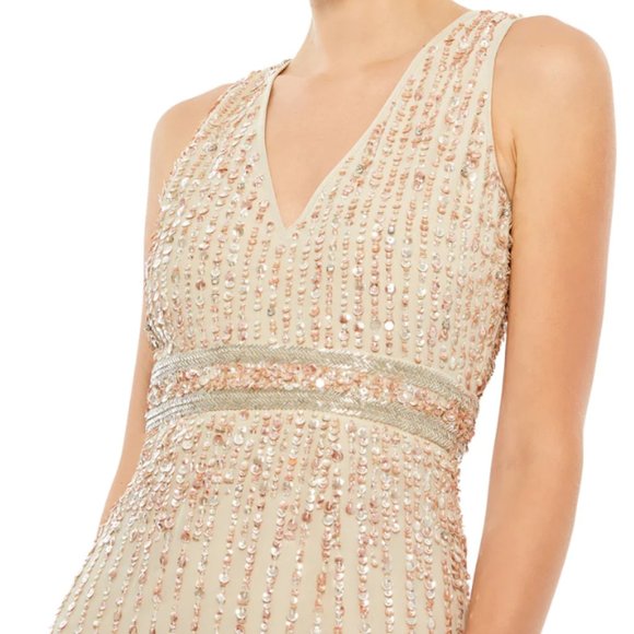 MAC DUGGAL 70267 SEQUINED SLEEVELESS V-NECK NUDE MIDI SHEATH DRESS sz 10 - Picture 3 of 5